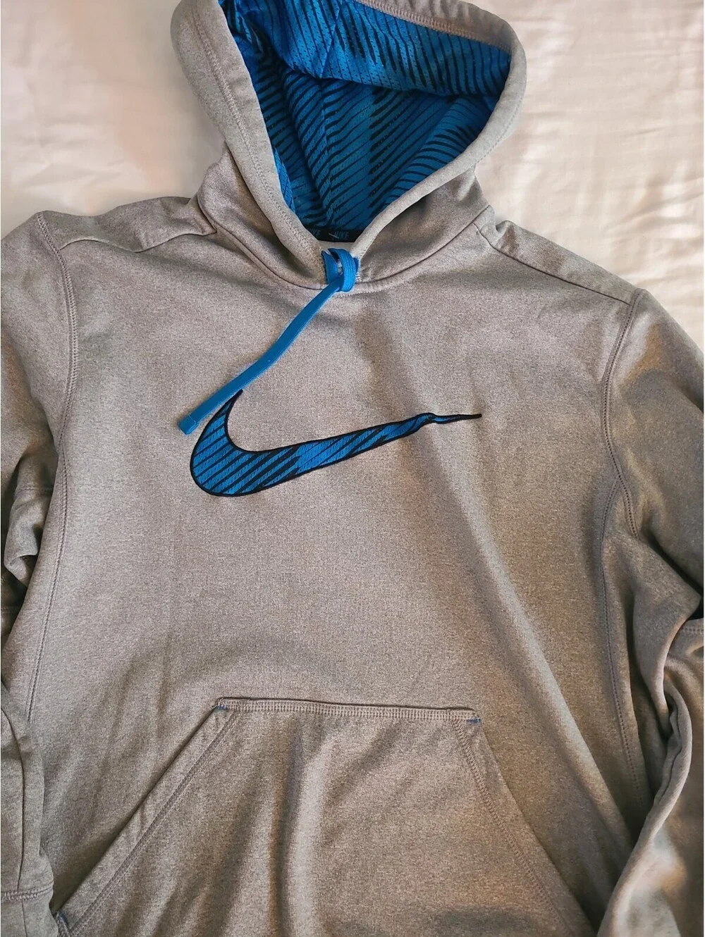 Nike Therma-Fit Men's Pullover Hoodie Grey Blue Logo Athletic Sweatshirt Size L